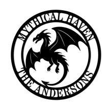 Custom flying dragon metal wall sign in black steel with personalized text, fantasy-themed decor for homes, man caves, or gaming rooms