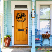 Custom flying dragon metal wall sign in black steel with personalized text, fantasy-themed decor for homes, man caves, or gaming rooms