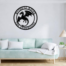 Custom flying dragon metal wall sign in black steel with personalized text, fantasy-themed decor for homes, man caves, or gaming rooms
