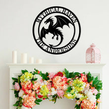 Custom flying dragon metal wall sign in black steel with personalized text, fantasy-themed decor for homes, man caves, or gaming rooms