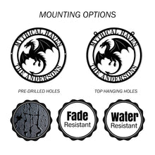 Custom flying dragon metal wall sign in black steel with personalized text, fantasy-themed decor for homes, man caves, or gaming rooms