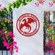 Custom flying dragon metal wall sign in black steel with personalized text, fantasy-themed decor for homes, man caves, or gaming rooms