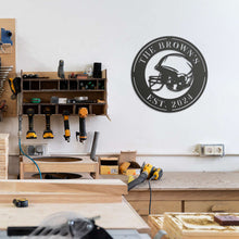 Black metal football helmet sign with personalized text