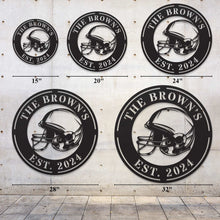 Black metal football helmet sign with personalized text