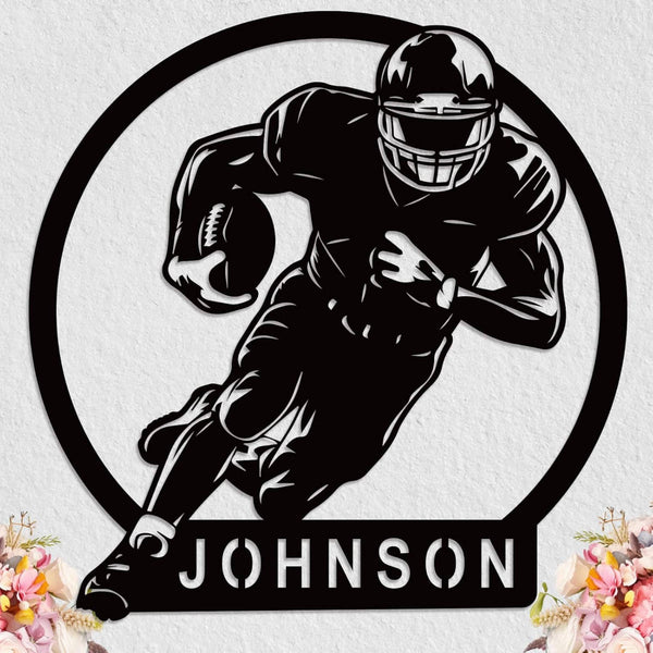 Laser-cut black steel football player metal sign with custom name "JOHNSON", featuring a dynamic running back pose, perfect for personalized sports room or man cave decor.