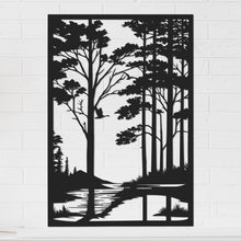 Forest metal wall art featuring woodland trees, river, and bird silhouette, laser cut from steel with powder coated finish, perfect rustic décor for cabins, homes, or outdoor spaces.