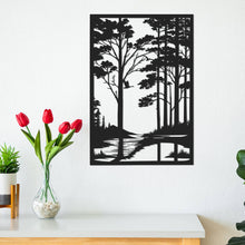 Forest metal wall art featuring woodland trees, river, and bird silhouette, laser cut from steel with powder coated finish, perfect rustic décor for cabins, homes, or outdoor spaces.