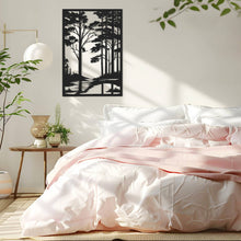 Forest metal wall art featuring woodland trees, river, and bird silhouette, laser cut from steel with powder coated finish, perfect rustic décor for cabins, homes, or outdoor spaces.