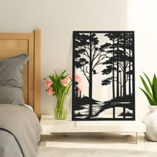 Forest metal wall art featuring woodland trees, river, and bird silhouette, laser cut from steel with powder coated finish, perfect rustic décor for cabins, homes, or outdoor spaces.