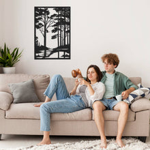 Forest metal wall art featuring woodland trees, river, and bird silhouette, laser cut from steel with powder coated finish, perfect rustic décor for cabins, homes, or outdoor spaces.