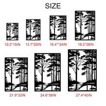 Forest metal wall art featuring woodland trees, river, and bird silhouette, laser cut from steel with powder coated finish, perfect rustic décor for cabins, homes, or outdoor spaces.