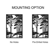 Forest metal wall art featuring woodland trees, river, and bird silhouette, laser cut from steel with powder coated finish, perfect rustic décor for cabins, homes, or outdoor spaces.