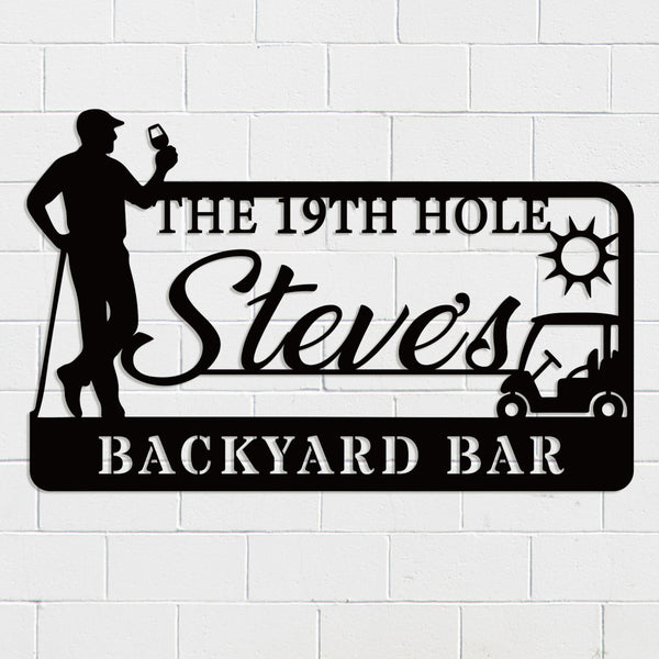 Custom golf bar metal sign with silhouette golfer, drink, golf cart, sun, and personalized name – black powder-coated wall decor