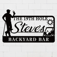 Custom golf bar metal sign with silhouette golfer, drink, golf cart, sun, and personalized name – black powder-coated wall decor