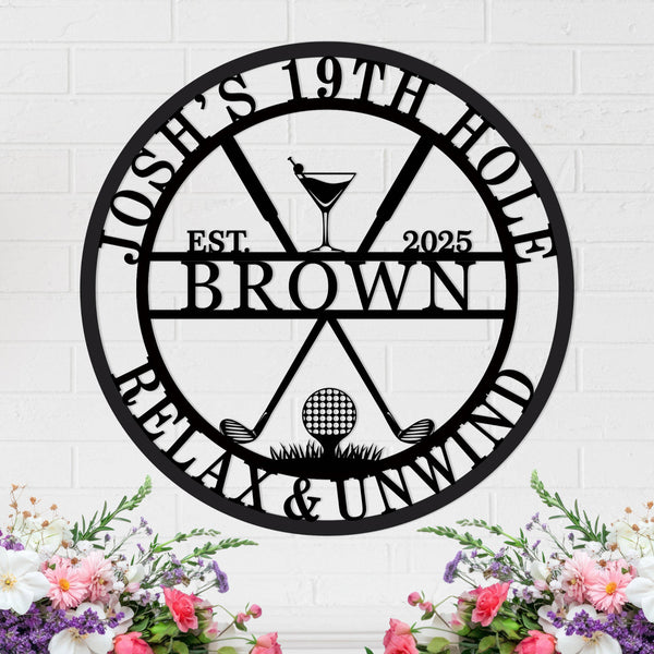Custom steel golf bar wall sign with personalized name and date, martini glass, golf clubs, and ball design – powder coated decor for golf lovers