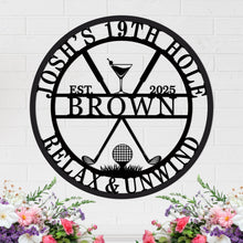 Custom steel golf bar wall sign with personalized name and date, martini glass, golf clubs, and ball design – powder coated decor for golf lovers