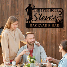 Custom golf bar metal sign with silhouette golfer, drink, golf cart, sun, and personalized name – black powder-coated wall decor