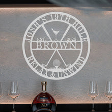 Custom steel golf bar wall sign with personalized name and date, martini glass, golf clubs, and ball design – powder coated decor for golf lovers