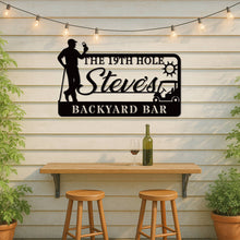 Custom golf bar metal sign with silhouette golfer, drink, golf cart, sun, and personalized name – black powder-coated wall decor