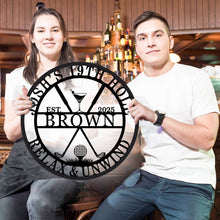 Custom steel golf bar wall sign with personalized name and date, martini glass, golf clubs, and ball design – powder coated decor for golf lovers