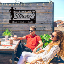 Custom golf bar metal sign with silhouette golfer, drink, golf cart, sun, and personalized name – black powder-coated wall decor