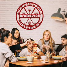 Custom steel golf bar wall sign with personalized name and date, martini glass, golf clubs, and ball design – powder coated decor for golf lovers