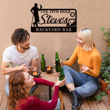 Custom golf bar metal sign with silhouette golfer, drink, golf cart, sun, and personalized name – black powder-coated wall decor