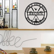 Custom steel golf bar wall sign with personalized name and date, martini glass, golf clubs, and ball design – powder coated decor for golf lovers