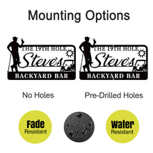 Custom golf bar metal sign with silhouette golfer, drink, golf cart, sun, and personalized name – black powder-coated wall decor