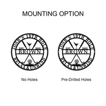 Custom steel golf bar wall sign with personalized name and date, martini glass, golf clubs, and ball design – powder coated decor for golf lovers