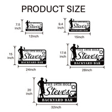 Custom golf bar metal sign with silhouette golfer, drink, golf cart, sun, and personalized name – black powder-coated wall decor