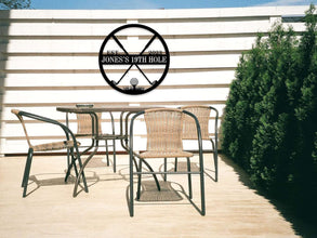 Custom golf 19th hole metal sign with crossed clubs and tee, personalized with name and year, laser-cut steel wall art for golf lovers and home bar decoration