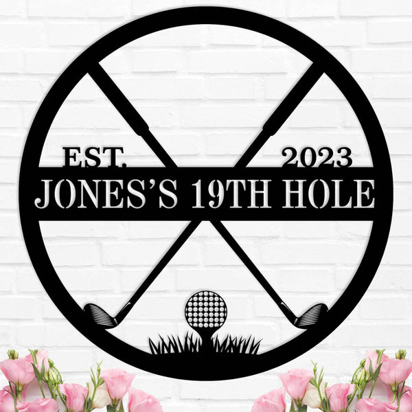Custom golf 19th hole metal sign with crossed clubs and tee, personalized with name and year, laser-cut steel wall art for golf lovers and home bar decoration