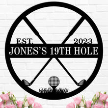 Custom golf 19th hole metal sign with crossed clubs and tee, personalized with name and year, laser-cut steel wall art for golf lovers and home bar decoration