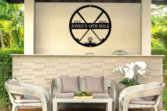 Custom golf 19th hole metal sign with crossed clubs and tee, personalized with name and year, laser-cut steel wall art for golf lovers and home bar decoration