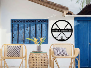 Custom golf 19th hole metal sign with crossed clubs and tee, personalized with name and year, laser-cut steel wall art for golf lovers and home bar decoration