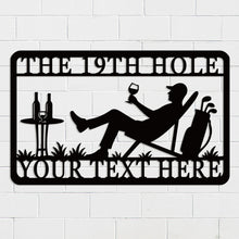 Custom golf metal wall sign with lounging golfer, wine glass, golf bag, and personalized text option, laser-cut from steel and powder-coated for outdoor use