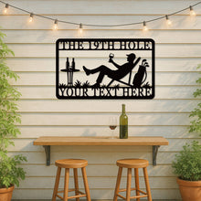 Custom golf metal wall sign with lounging golfer, wine glass, golf bag, and personalized text option, laser-cut from steel and powder-coated for outdoor use
