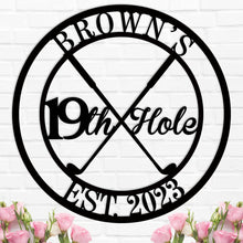 Round custom metal golf sign featuring crossed golf clubs and