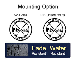 Round custom metal golf sign featuring crossed golf clubs and