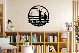 Custom golf metal sign featuring golfer silhouette, golf course details, and personalized name and year, ideal for man cave or golf gift décor