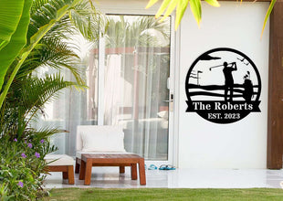 Custom golf metal sign featuring golfer silhouette, golf course details, and personalized name and year, ideal for man cave or golf gift décor