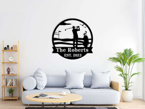 Custom golf metal sign featuring golfer silhouette, golf course details, and personalized name and year, ideal for man cave or golf gift décor