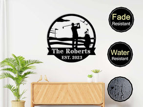 Custom golf metal sign featuring golfer silhouette, golf course details, and personalized name and year, ideal for man cave or golf gift décor