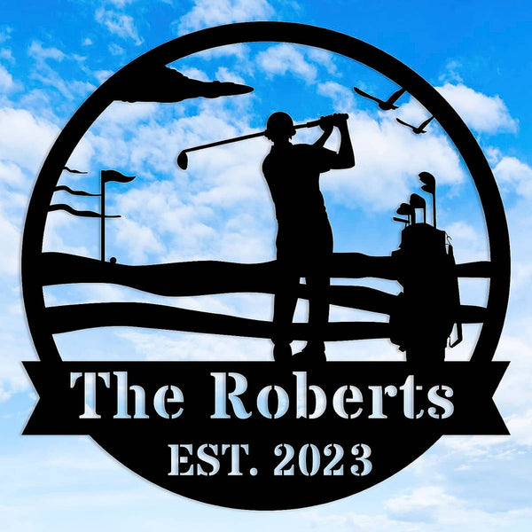 Custom golf metal sign featuring golfer silhouette, golf course details, and personalized name and year, ideal for man cave or golf gift décor