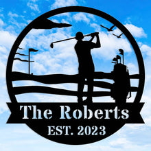 Custom golf metal sign featuring golfer silhouette, golf course details, and personalized name and year, ideal for man cave or golf gift décor
