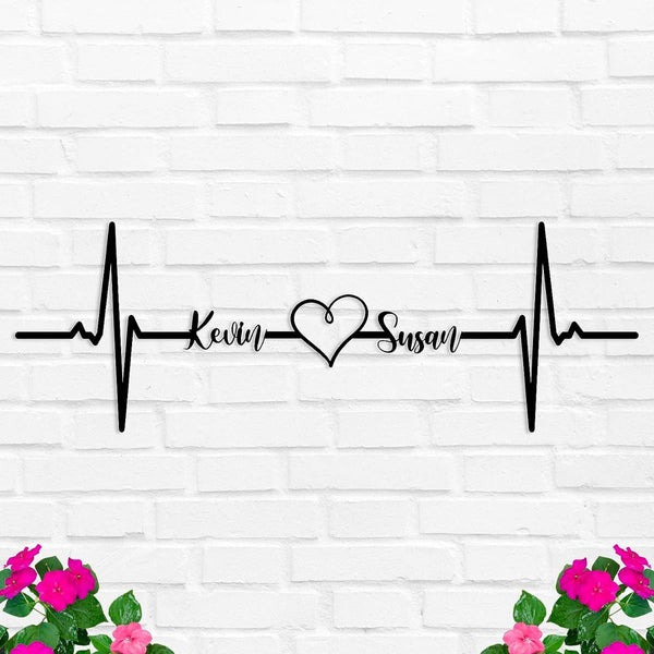 Custom metal heartbeat name sign with heart and personalized names, laser-cut steel wall decor for couples