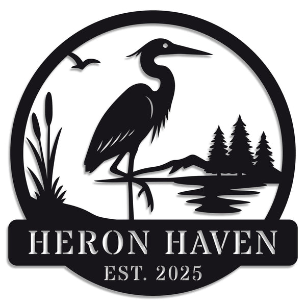 Custom metal heron garden sign with reeds, lake, and pine trees – personalized outdoor yard decor for home or cabin, laser-cut steel with powder coating