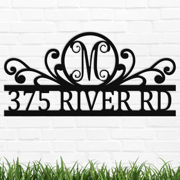 Monogram scroll metal address sign with custom house number, personalized laser-cut steel plaque with powder-coated finish, elegant outdoor wall decor