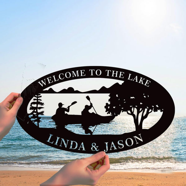Custom Lake House Metal Sign with kayakers and trees – personalized steel wall art for cabins, lake houses, or outdoor décor